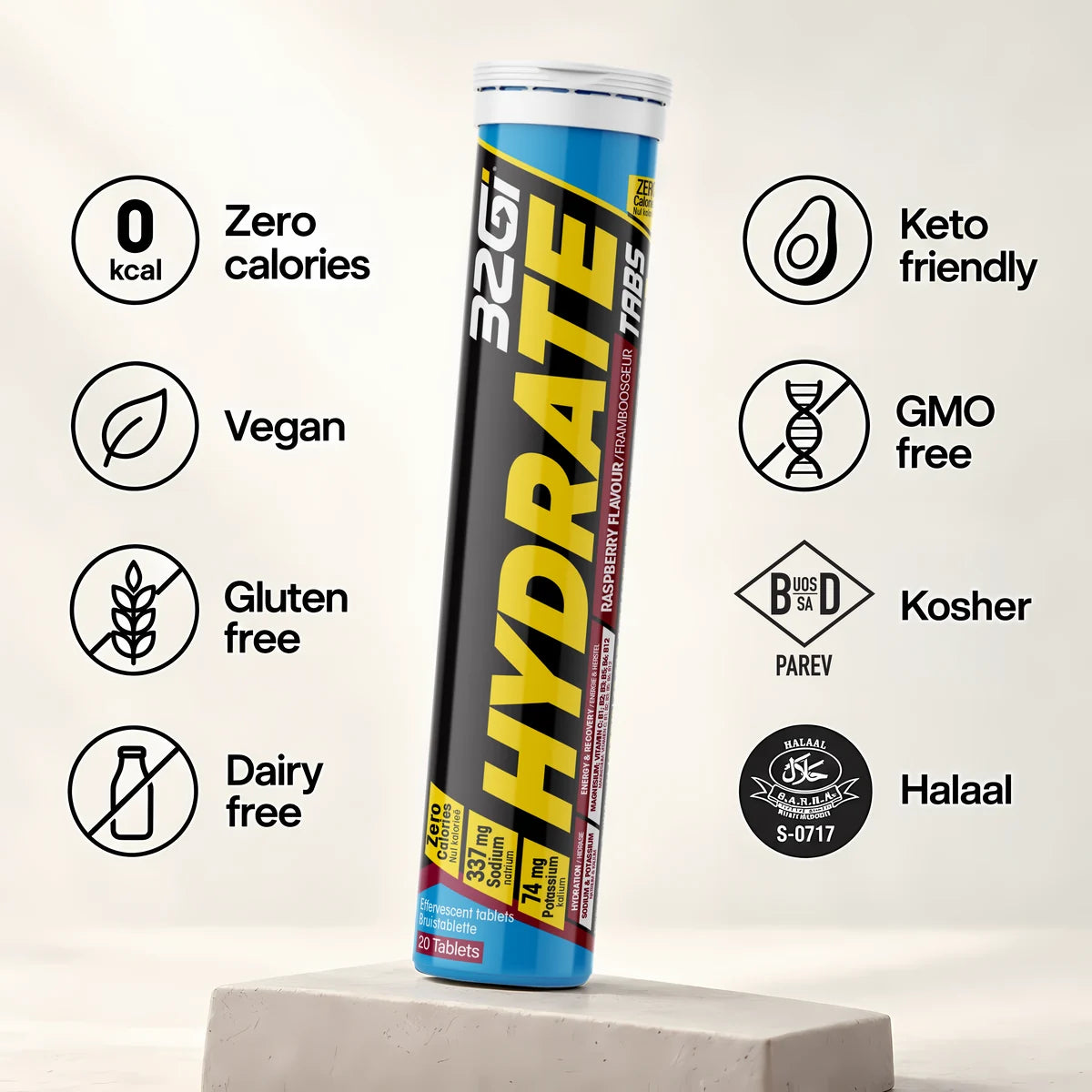 A Hydrate Raspberry tube with its free-from list: zero calories, vegan, gluten free, dairy free, keto friendly, soy free, GMO free, Halaal and Kosher