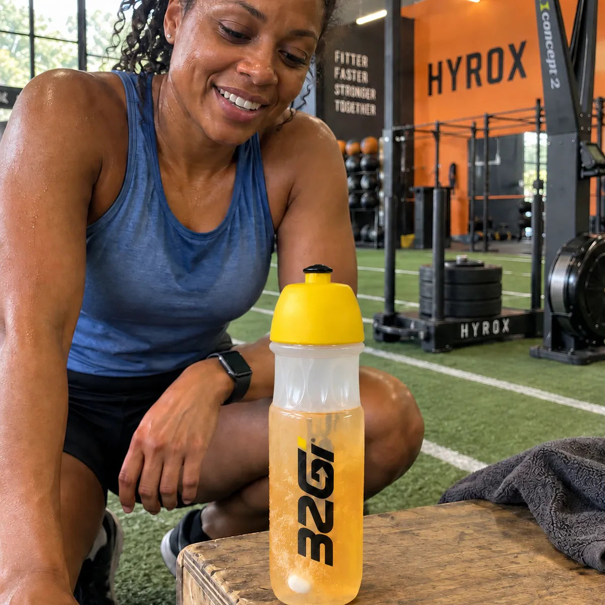 A woman crouched in a Hyrox gym, smiling at a 32GI bottle of Hydrate Orange on the box in front of her