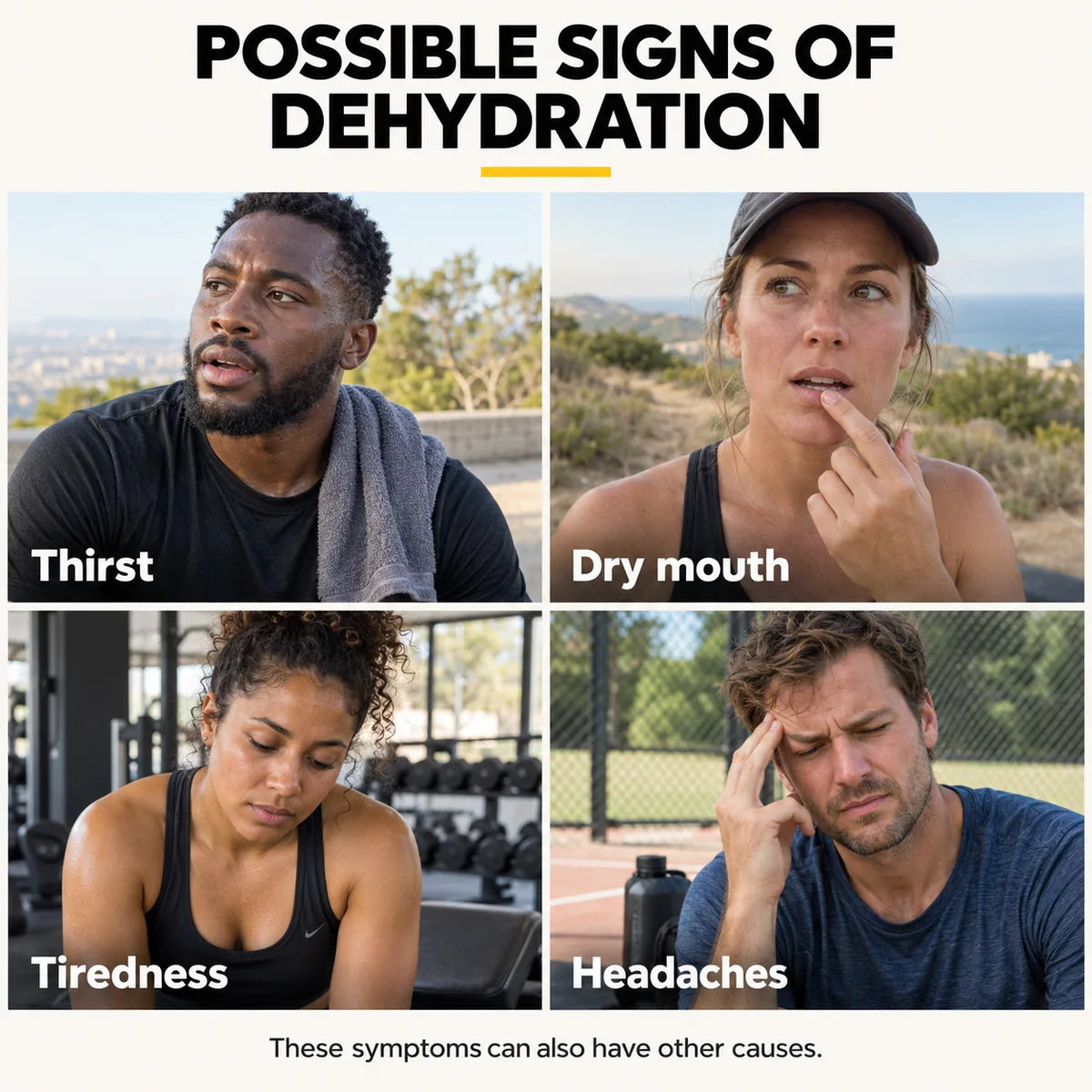 Four athletes showing possible signs of dehydration: thirst, dry mouth, tiredness and headaches. These symptoms can also have other causes