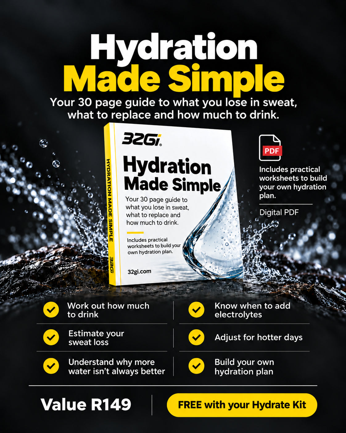 Hydration Made Simple, the 32Gi digital hydration guide. 30 pages of practical advice and worksheets: how much to drink, when to add electrolytes, estimating sweat loss, adjusting for hotter days, why more water isn't always better and building your own hydration plan. Value R149, free with your Hydrate Kit.
