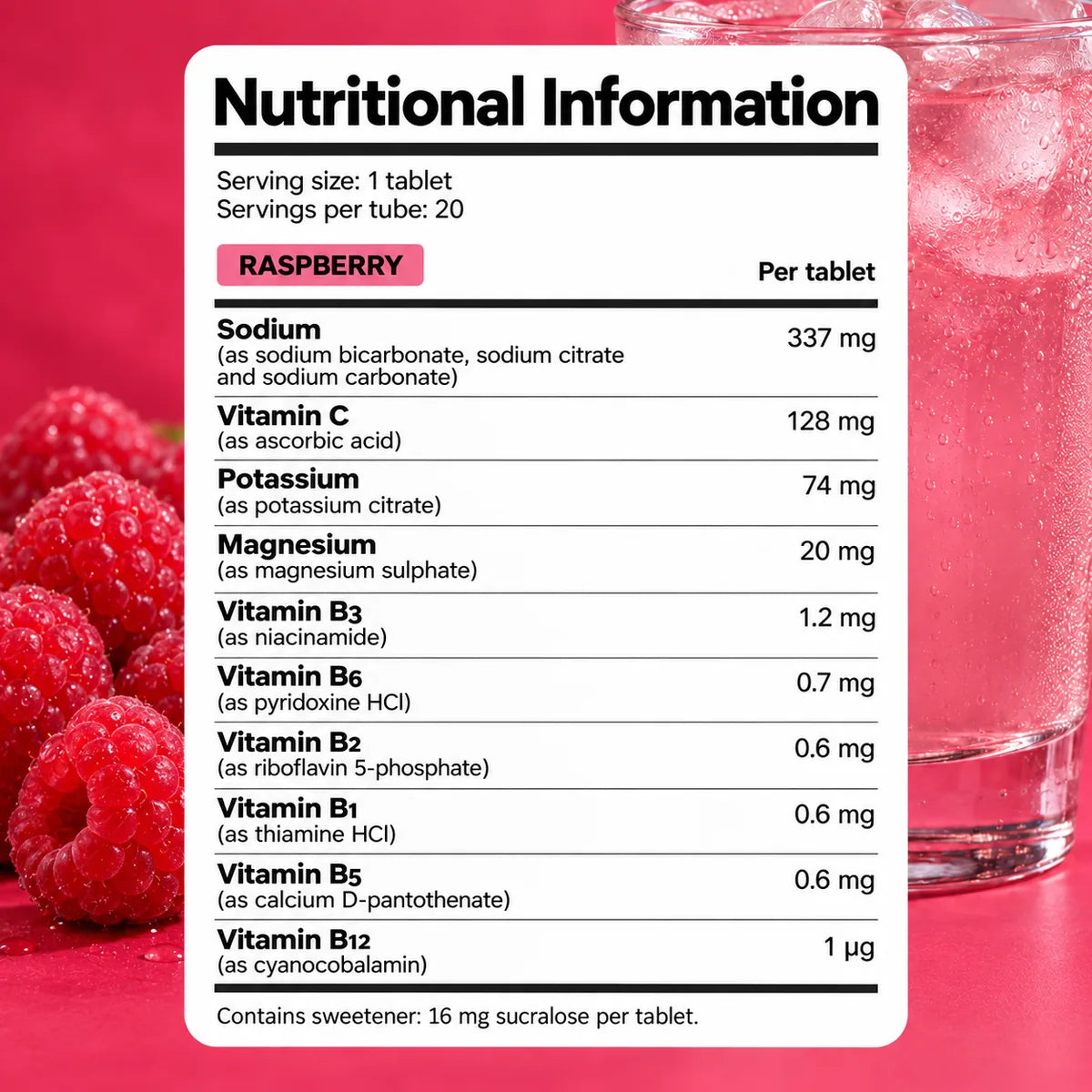 Hydrate Raspberry nutritional information per tablet: sodium 337 mg, vitamin C 128 mg, potassium 74 mg, magnesium 20 mg, six B vitamins, 16 mg sucralose