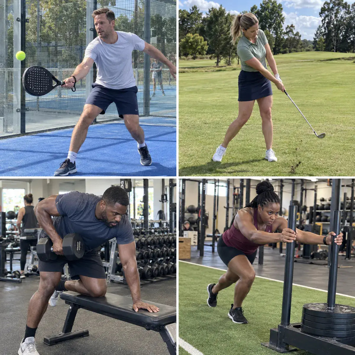 Four athletes mid-effort: a padel forehand, a golf swing, a dumbbell row and a sled push